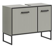 Moderner Waschbeckenunterschrank mit vertikalen Streifen und schwarzen Griffen, seitliche Perspektive