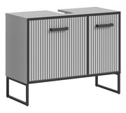 Moderner Waschbeckenunterschrank mit vertikalen Streifen und schwarzen Griffen, seitliche Perspektive