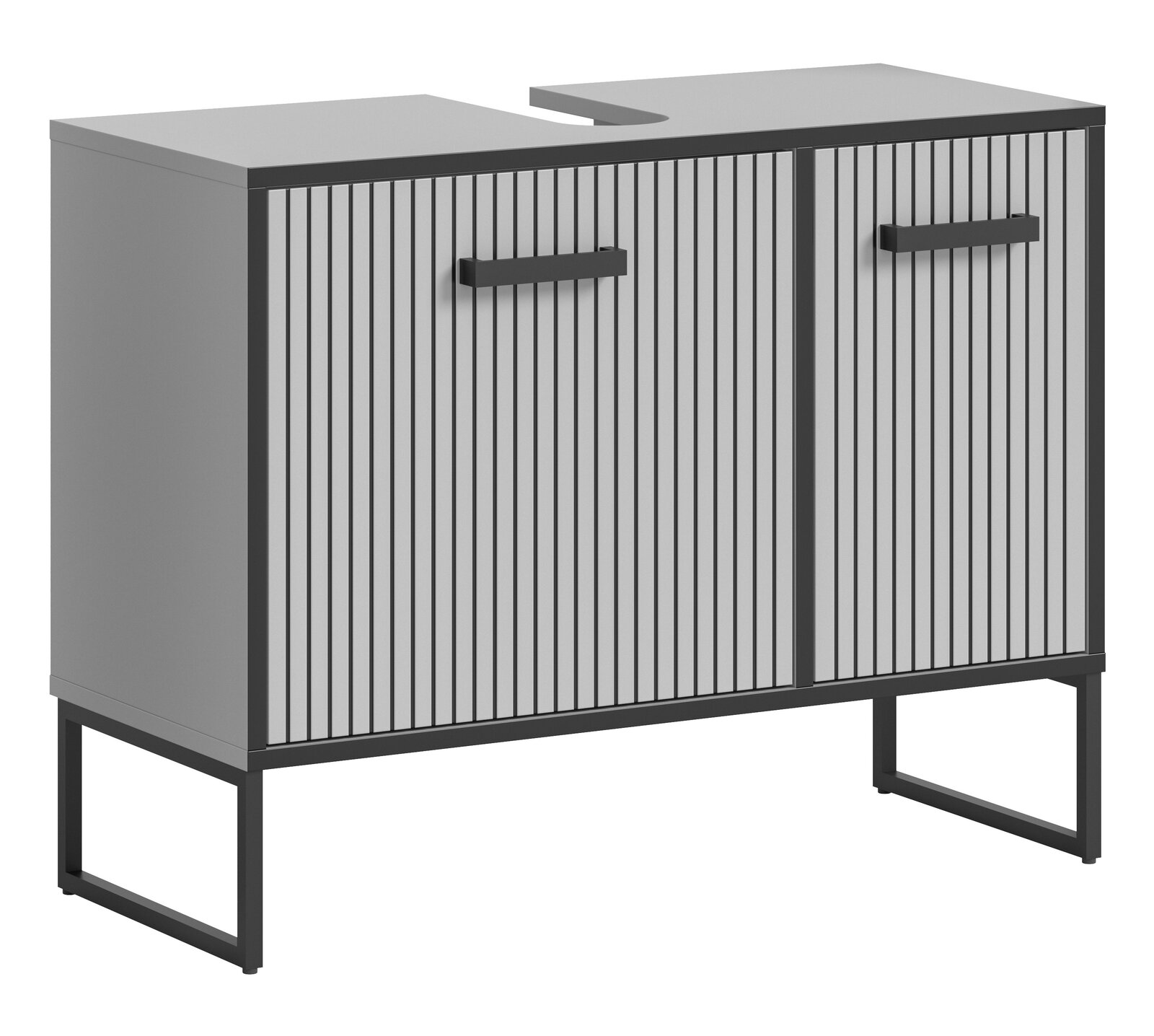 Moderner Waschbeckenunterschrank mit vertikalen Streifen und schwarzen Griffen, seitliche Perspektive