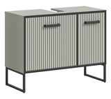 Moderner Waschbeckenunterschrank mit vertikalen Streifen und schwarzen Griffen, seitliche Perspektive