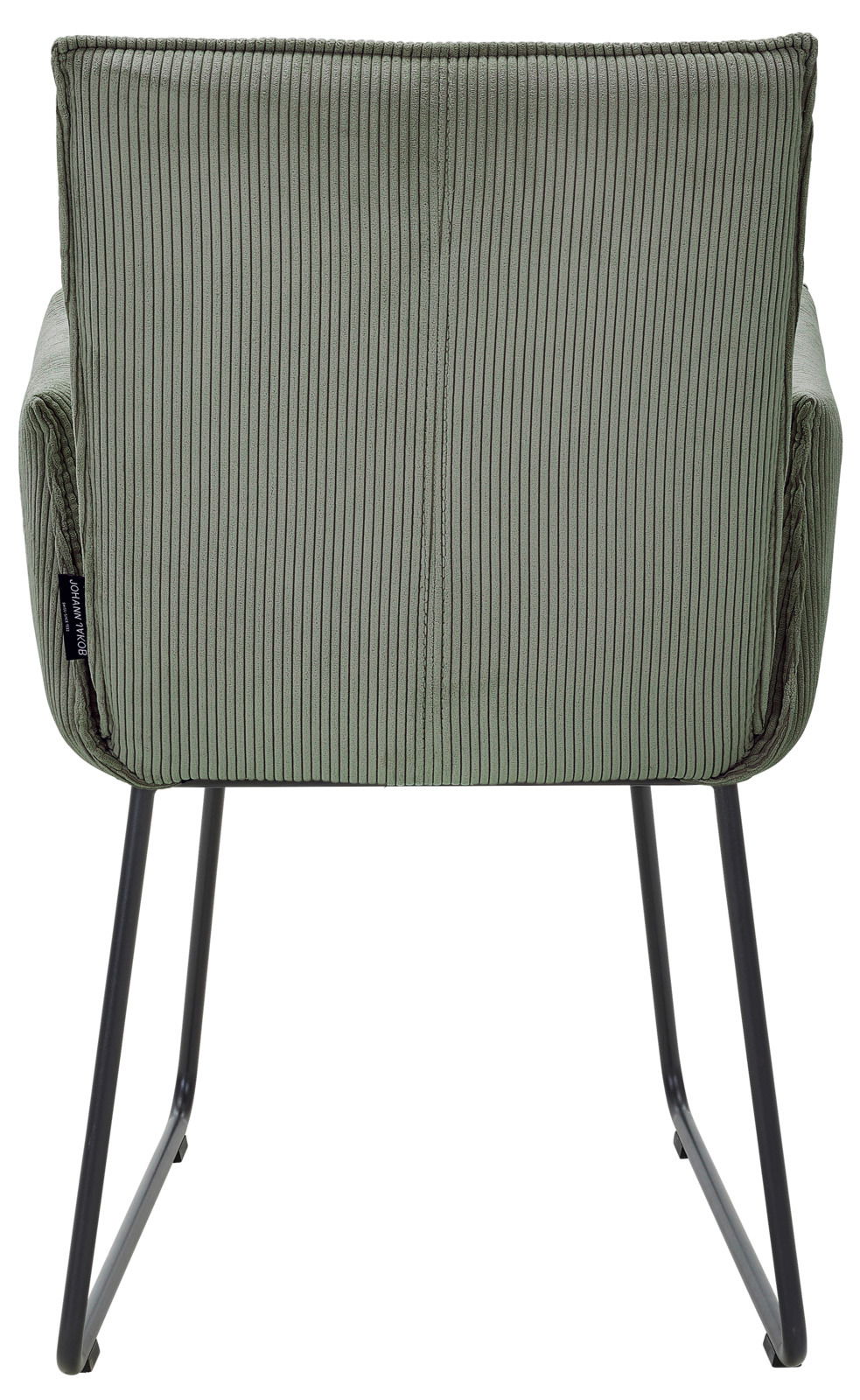 Rückansicht eines grünen Armlehnstuhls mit geripptem Stoffbezug und schwarzen Metallbeinen