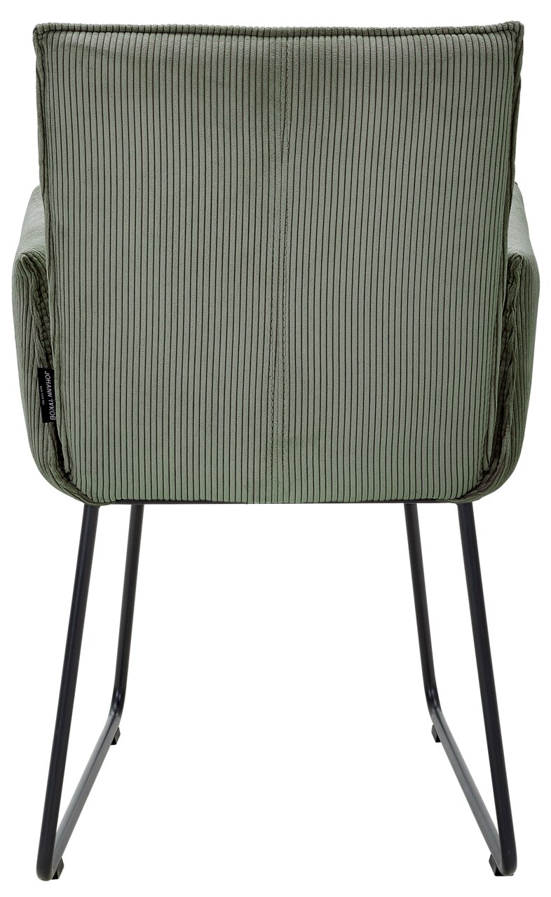 Johann Jakob Armlehnstuhl CALAS Rückansicht eines grünen Armlehnstuhls mit geripptem Stoffbezug und schwarzen Metallbeinen