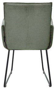 Rückansicht eines grünen Armlehnstuhls mit geripptem Stoffbezug und schwarzen Metallbeinen