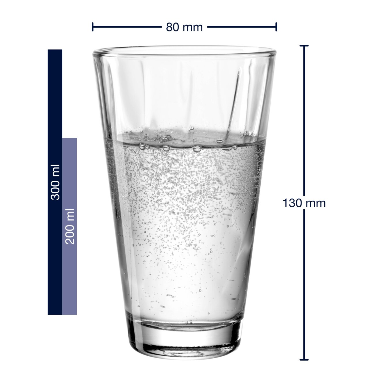 Transparentes Trinkglas Twist 300ml von Leonardo, gefüllt mit sprudelndem Wasser, seitliche Ansicht