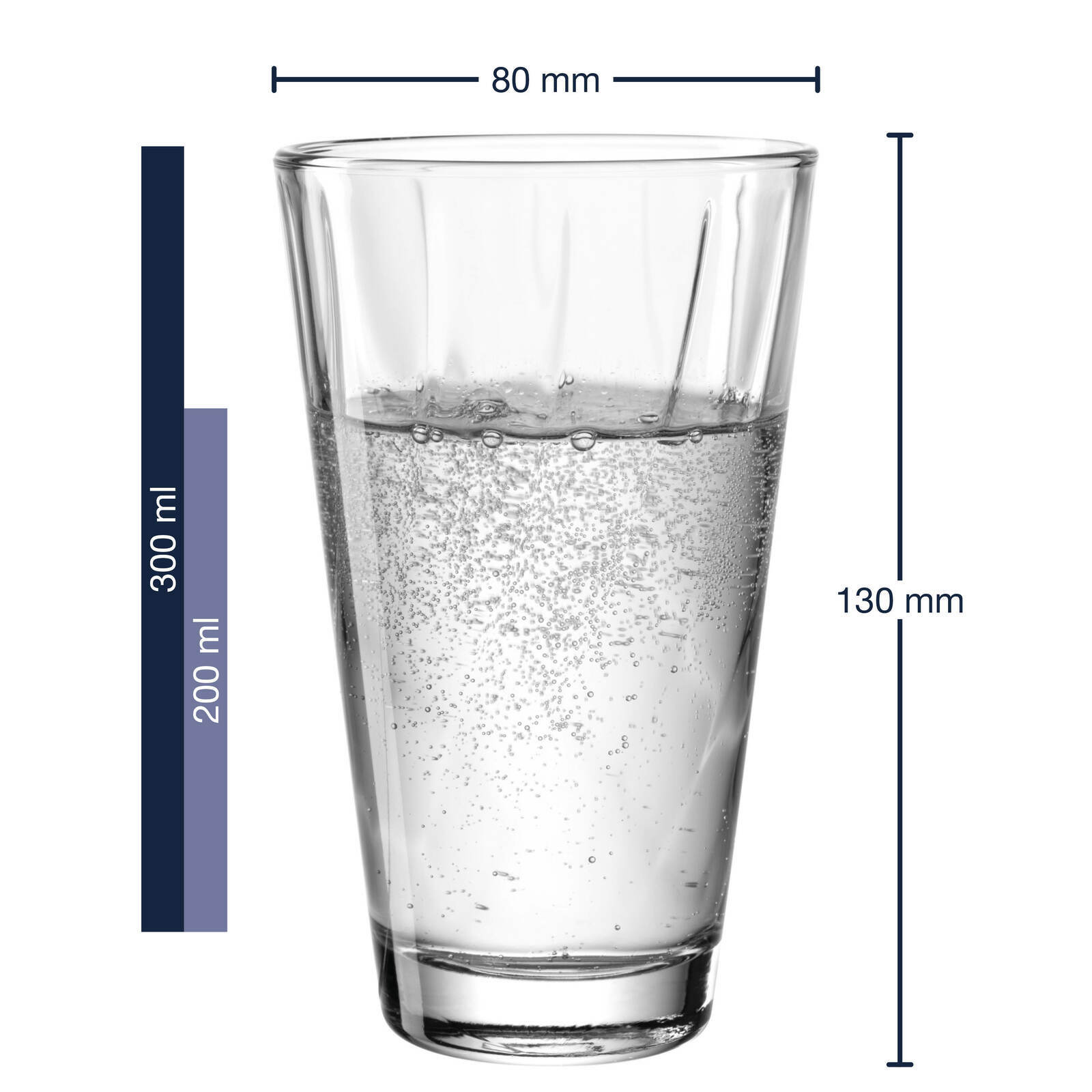 Transparentes Trinkglas Twist 300ml von Leonardo, gefüllt mit sprudelndem Wasser, seitliche Ansicht