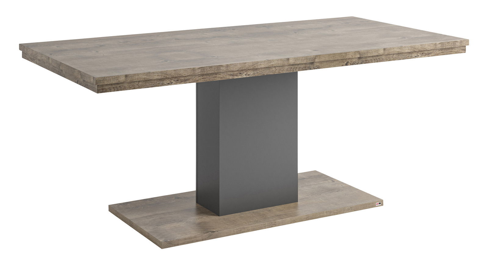 Moderner Esstisch aus Holz mit rechteckiger Tischplatte und zentralem, grauem Standfuß, seitliche Perspektive