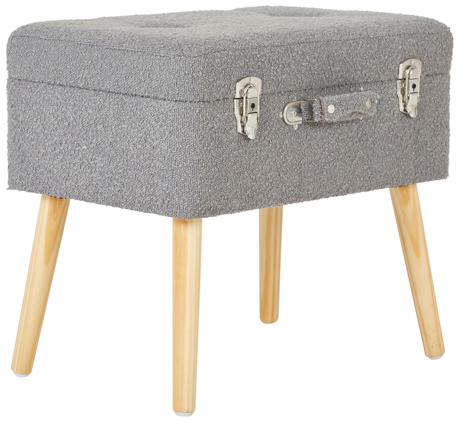 Grauer Kofferhocker mit Holzbeinen, seitliche Perspektive