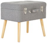 Grauer Kofferhocker mit Holzbeinen, seitliche Perspektive