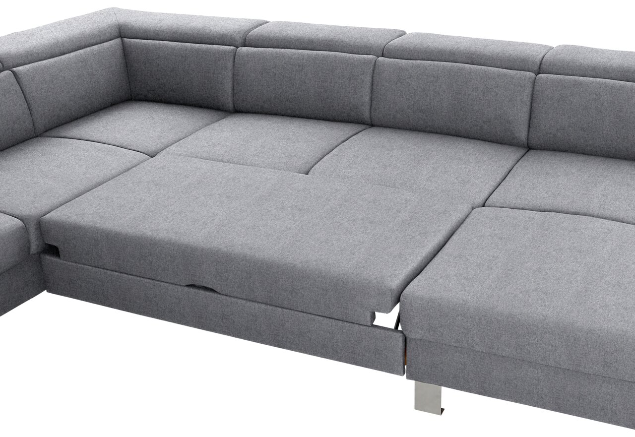 Graue Wohnlandschaft TIM in U-Form mit ausziehbarer Liegefläche, Perspektive von oben.