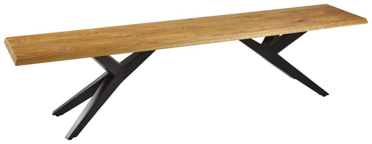 Holzbank mit schwarzem Metallgestell, seitliche Perspektive