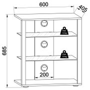 Technische Strichzeichnung eines schmalen Regals/Schranks mit drei Schubladen und zwei Ablageböden, Maße ca. 600 x 405 x 685 mm, Traglast je Boden max. 1,5 kg, Perspektive: frontale Ansicht mit leichter Draufsicht.