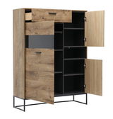 Holzvitrine mit schwarzem Metallgestell, teilweise geöffnete Türen und Schublade, seitliche Perspektive