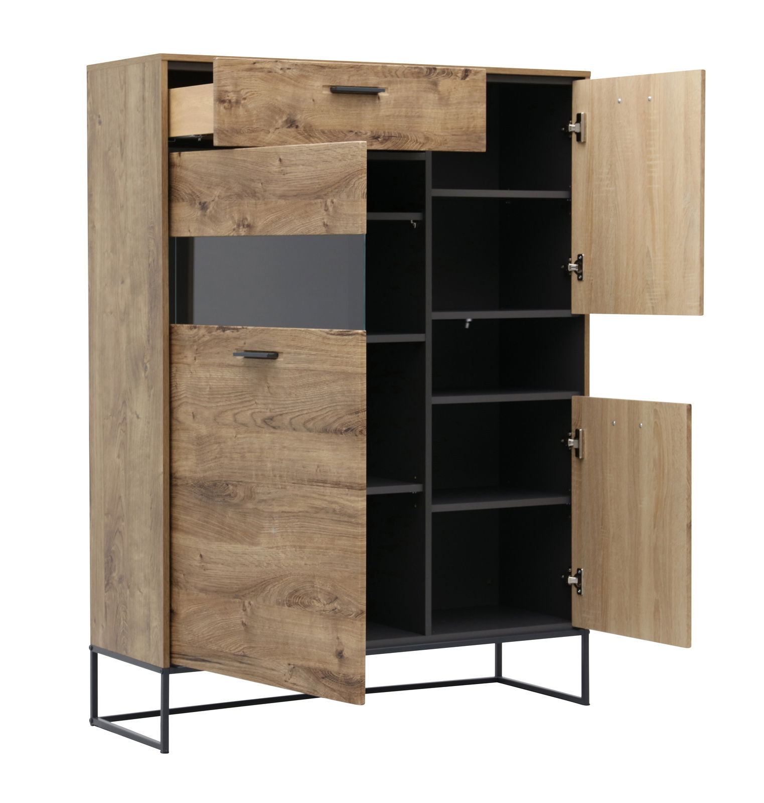 Holzvitrine mit schwarzem Metallgestell, teilweise geöffnete Türen und Schublade, seitliche Perspektive