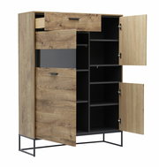 Holzvitrine mit schwarzem Metallgestell, teilweise geöffnete Türen und Schublade, seitliche Perspektive