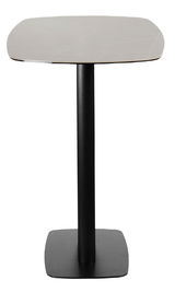 Moderner Bartisch mit quadratischer Tischplatte und schwarzem Standfuß, Frontalansicht.