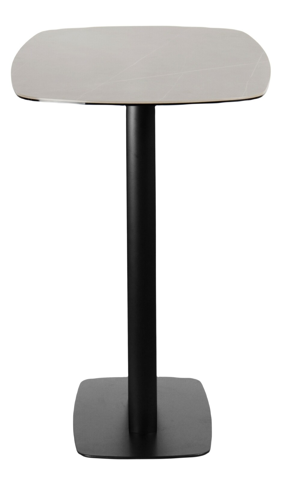 Moderner Bartisch mit quadratischer Tischplatte und schwarzem Standfuß, Frontalansicht.