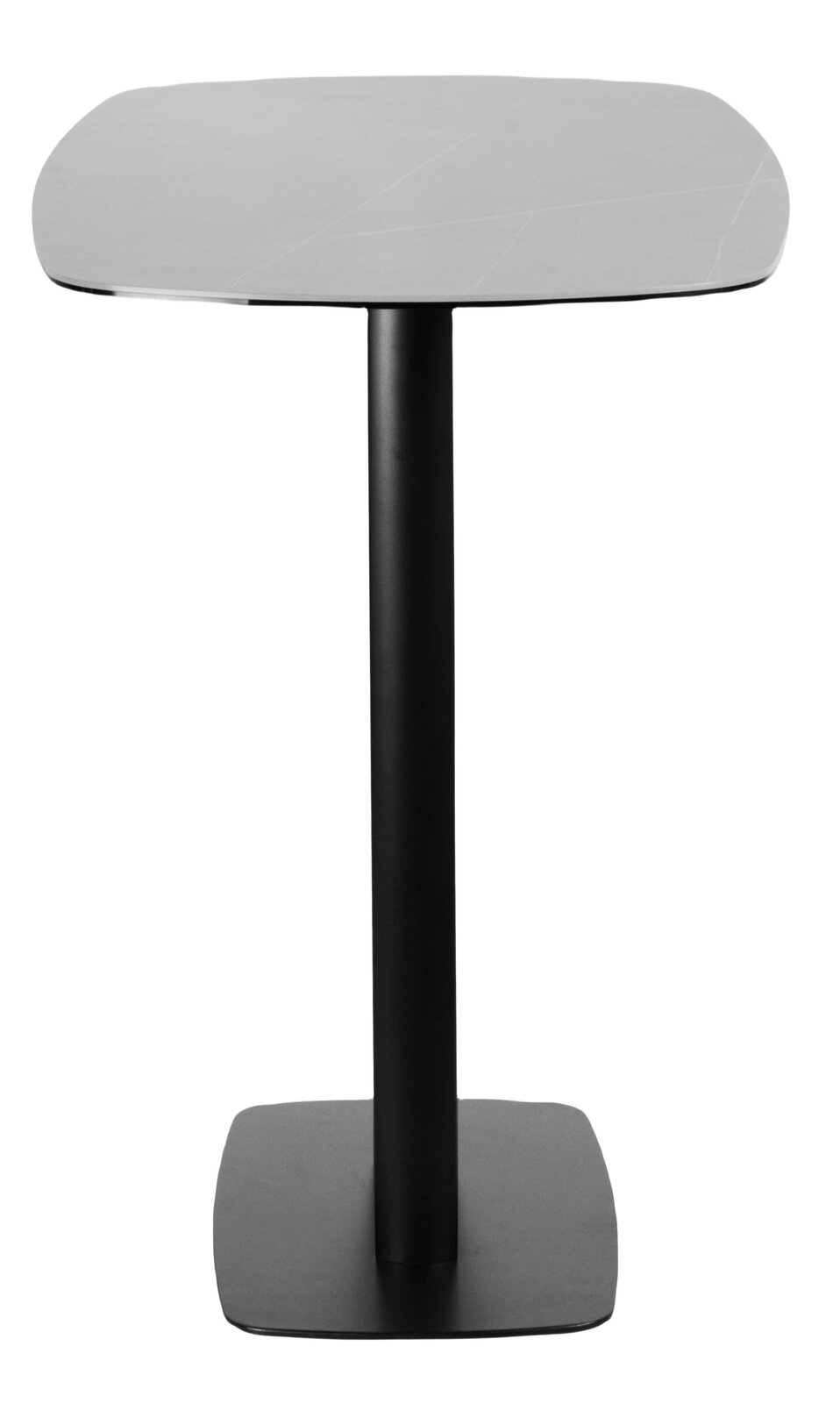 Moderner Bartisch mit quadratischer Tischplatte und schwarzem Standfuß, Frontalansicht.