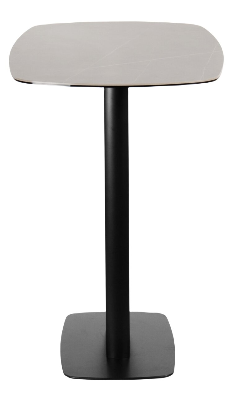 Moderner Bartisch mit quadratischer Tischplatte und schwarzem Standfuß, Frontalansicht.