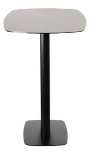 Moderner Bartisch mit quadratischer Tischplatte und schwarzem Standfuß, Frontalansicht.