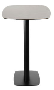 Moderner Bartisch mit quadratischer Tischplatte und schwarzem Standfuß, Frontalansicht.