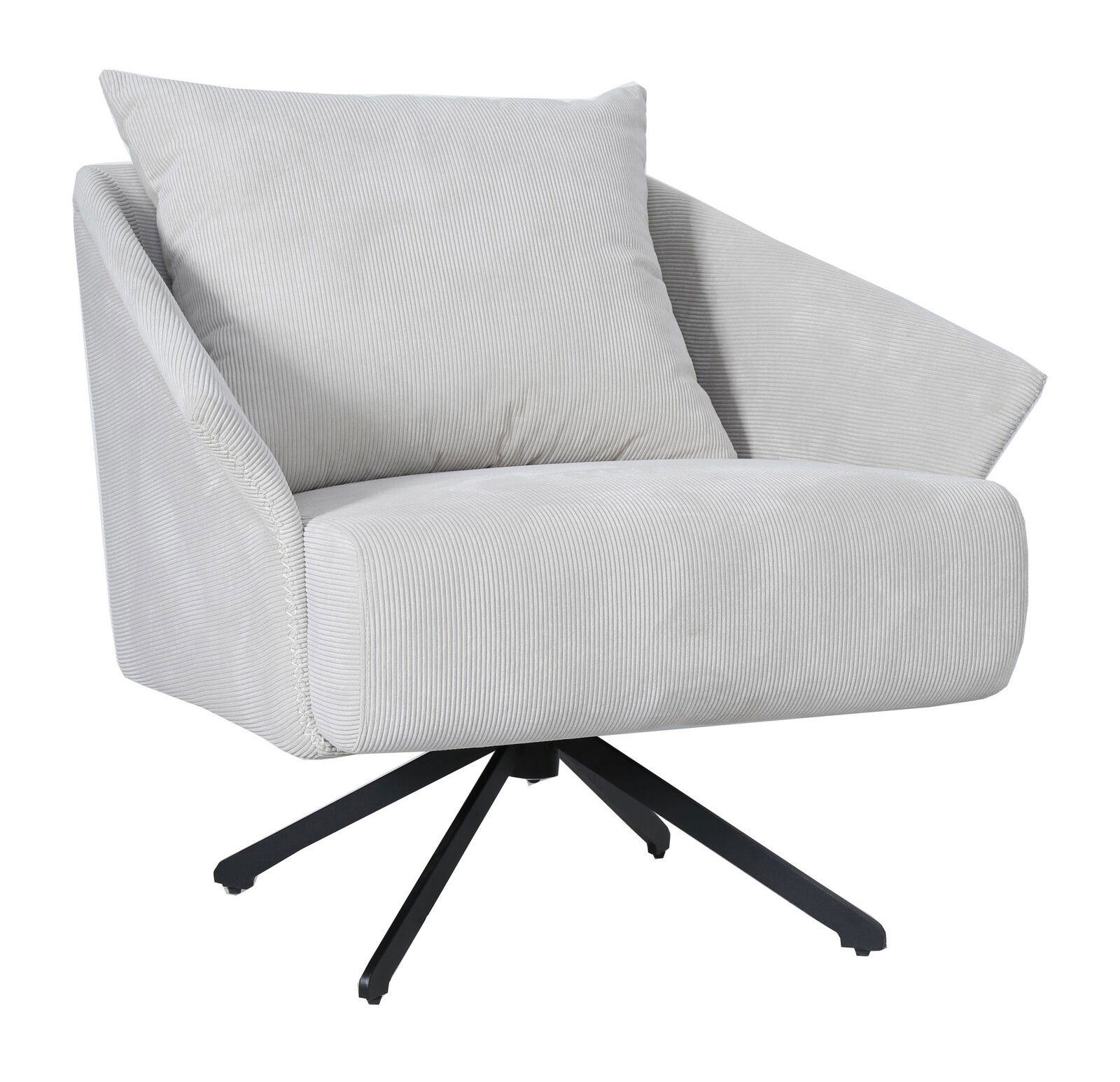 Moderner grauer Sessel NELLY mit Kissen, Vorderansicht, auf schwarzem Drehgestell.