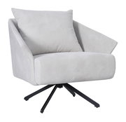 Moderner grauer Sessel NELLY mit Kissen, Vorderansicht, auf schwarzem Drehgestell.