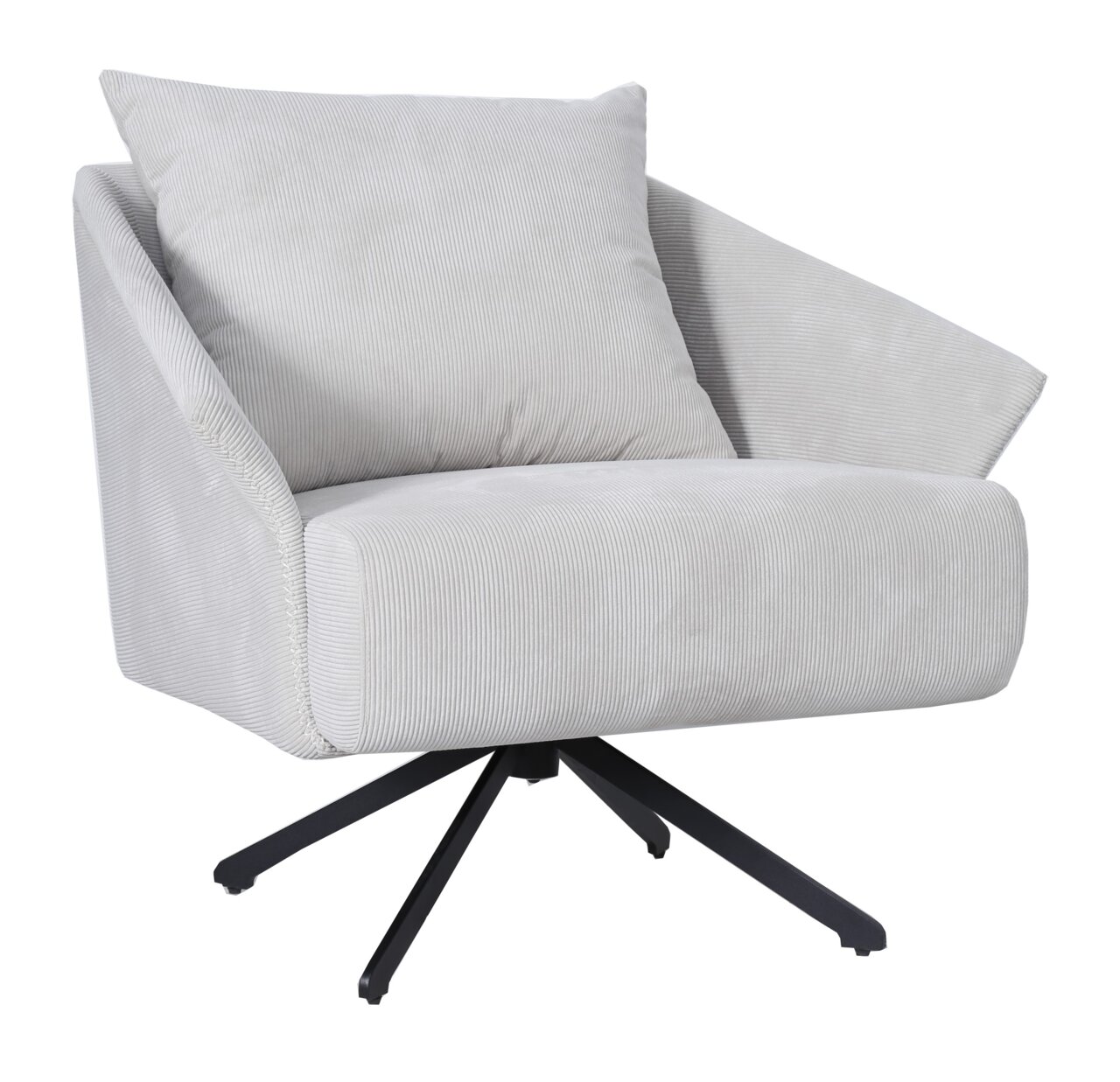 Moderner grauer Sessel NELLY mit Kissen, Vorderansicht, auf schwarzem Drehgestell.