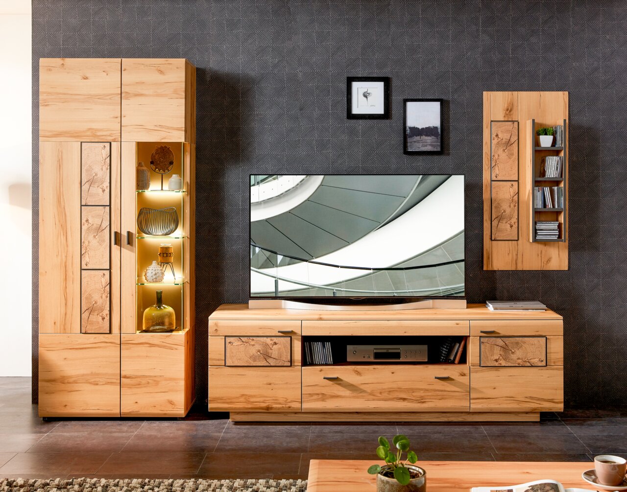 Moderne Wandkombination aus Holz mit TV-Schrank, Vitrine und Regal, frontal betrachtet.