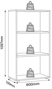 Offenes Regal mit drei Fächern, Maße ca. 1097 x 600 x 329 mm, maximale Belastung 12 kg pro Ebene, perspektivische Frontansicht von schräg links.