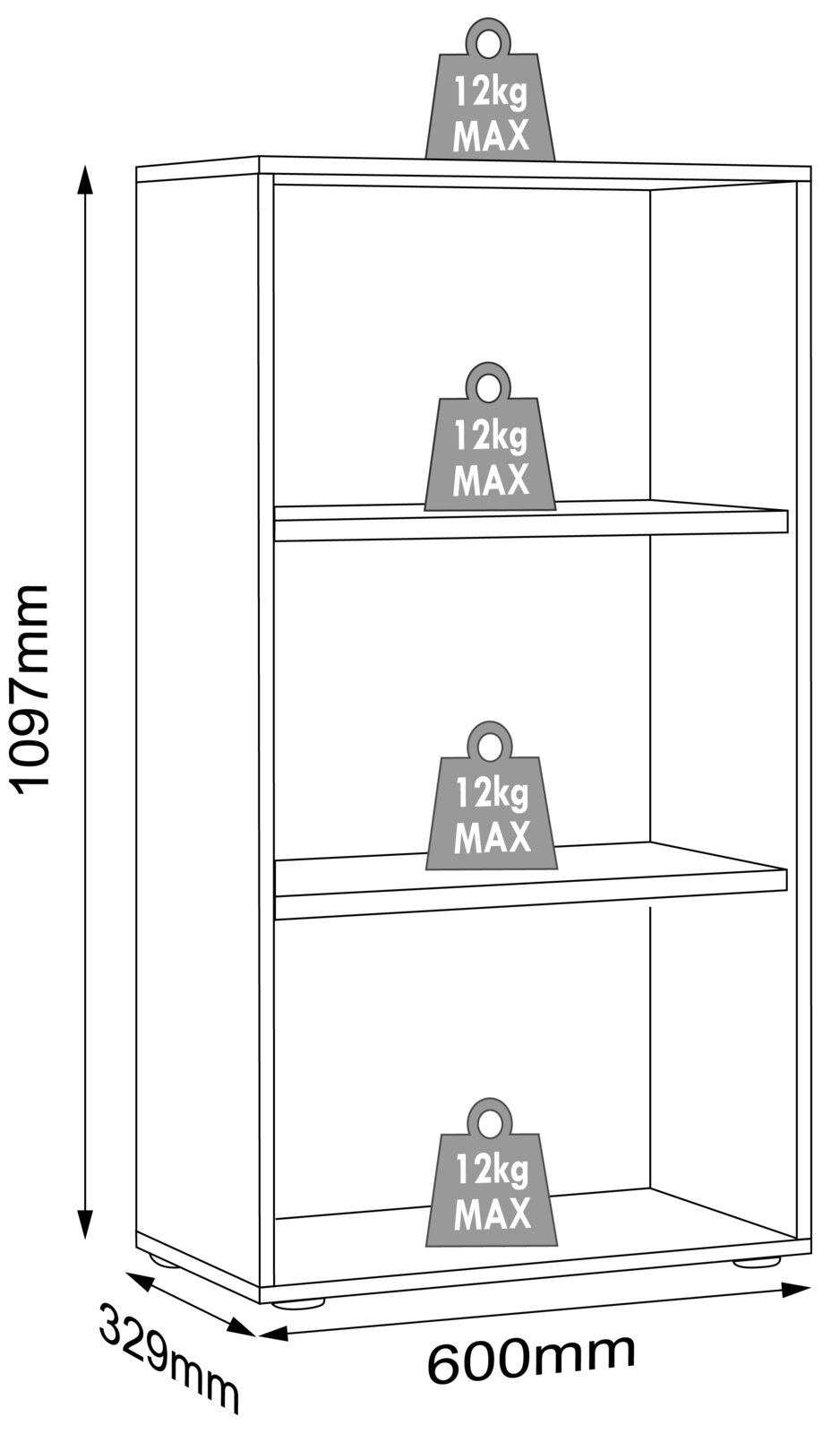 Offenes Regal mit drei Fächern, Maße ca. 1097 x 600 x 329 mm, maximale Belastung 12 kg pro Ebene, perspektivische Frontansicht von schräg links.