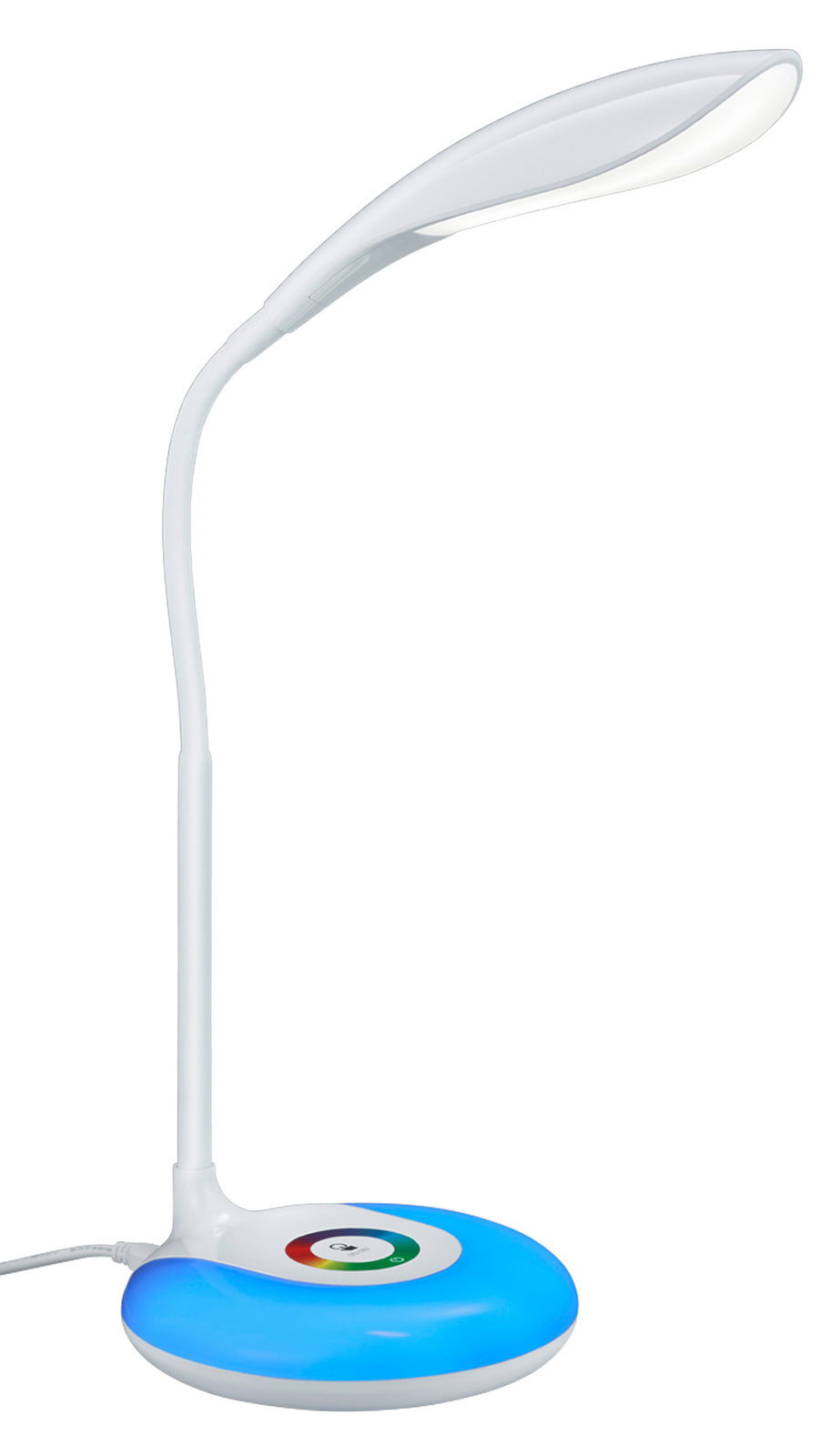 Moderne weiße Tischleuchte Krait mit geschwungenem Arm und blau leuchtendem Sockel, seitliche Perspektive