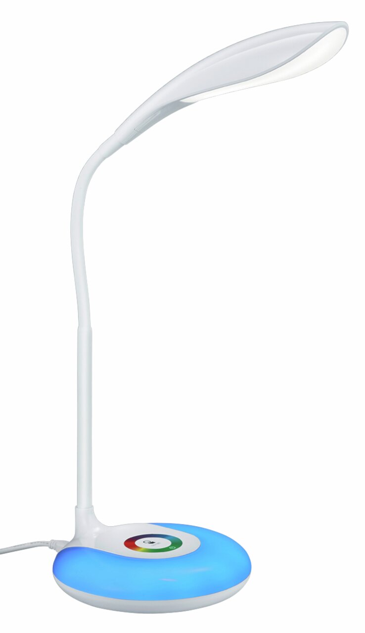 Moderne weiße Tischleuchte Krait mit geschwungenem Arm und blau leuchtendem Sockel, seitliche Perspektive