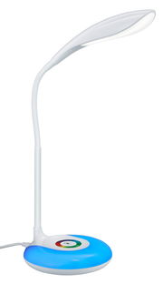 Moderne weiße Tischleuchte Krait mit geschwungenem Arm und blau leuchtendem Sockel, seitliche Perspektive