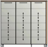 Frontansicht eines XL-Schuhschranks mit drei Türen und modernem Design.