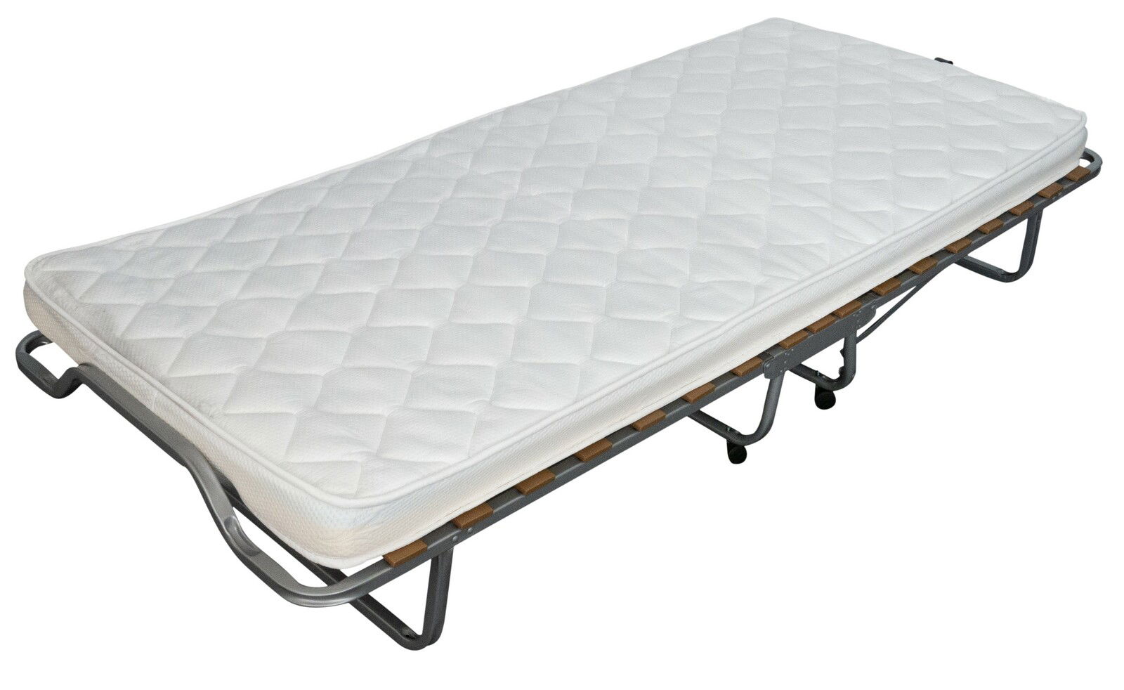 Gästebett mit weißer Matratze auf Metallrahmen, seitliche Perspektive