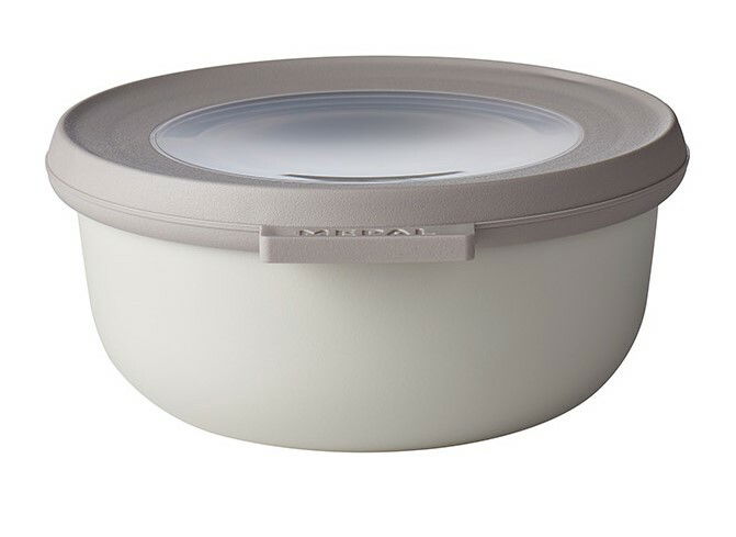 Runde, cremefarbene Multischüssel Cirqula mit grauem Deckel und transparentem Sichtfenster, seitliche Perspektive