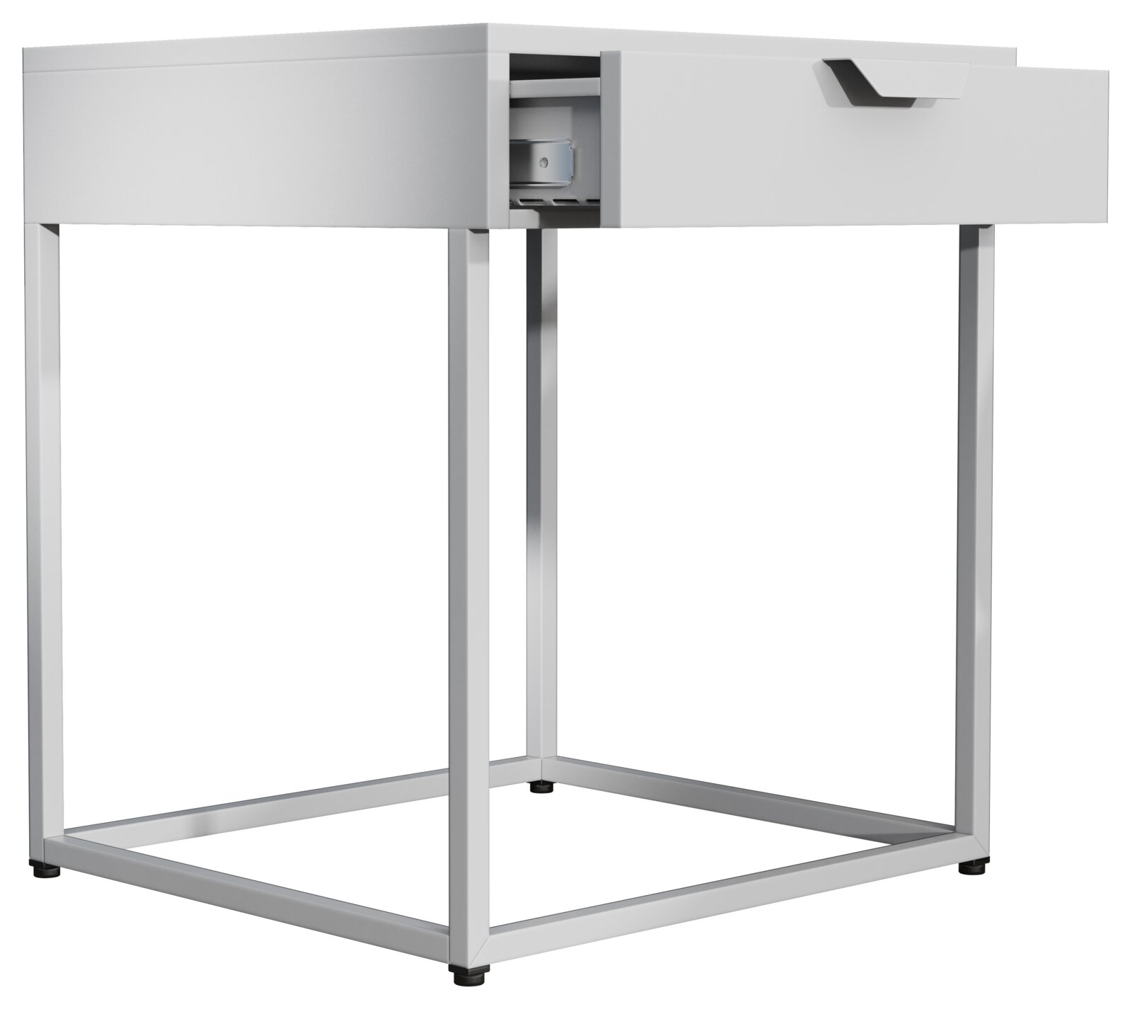 Weißer Nachttisch/Beistelltisch mit Metallgestell und einer halb geöffneten Schublade, gezeigt in schräger Frontansicht (3/4-Perspektive) vor weißem Hintergrund.