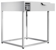 Weißer Nachttisch/Beistelltisch mit Metallgestell und einer halb geöffneten Schublade, gezeigt in schräger Frontansicht (3/4-Perspektive) vor weißem Hintergrund.