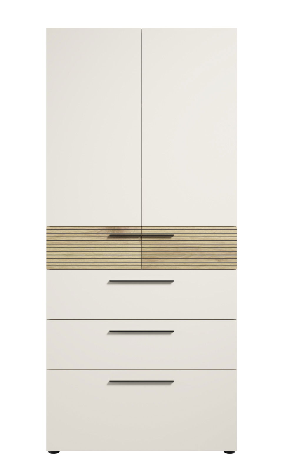 Moderner Aktenschrank mit Schubladen in Frontalansicht, cremefarben mit Holzdetails und schwarzen Griffen.