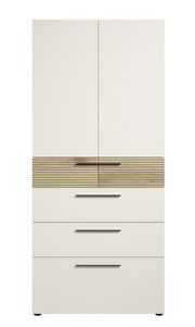 Moderner Aktenschrank mit Schubladen in Frontalansicht, cremefarben mit Holzdetails und schwarzen Griffen.