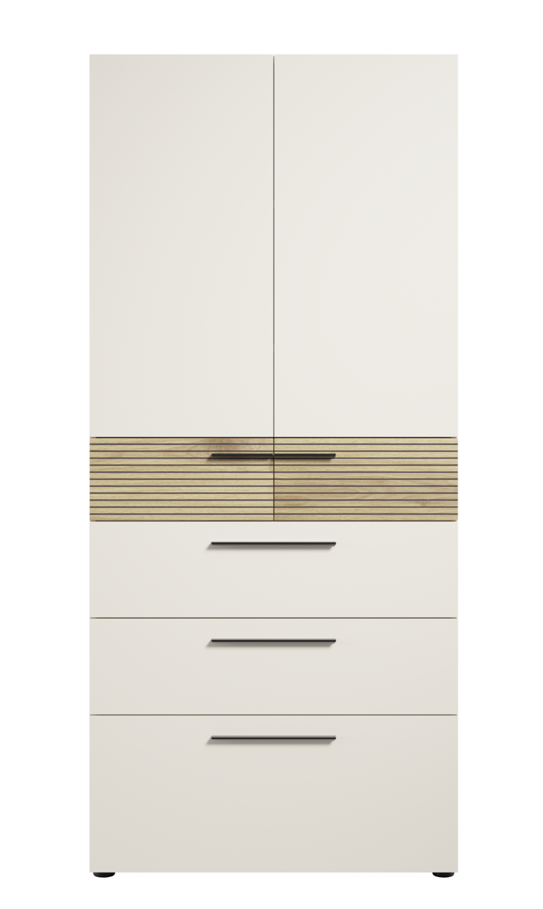 Moderner Aktenschrank mit Schubladen in Frontalansicht, cremefarben mit Holzdetails und schwarzen Griffen.