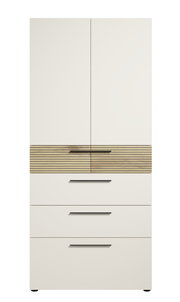 Moderner Aktenschrank mit Schubladen in Frontalansicht, cremefarben mit Holzdetails und schwarzen Griffen.