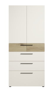 Moderner Aktenschrank mit Schubladen in Frontalansicht, cremefarben mit Holzdetails und schwarzen Griffen.