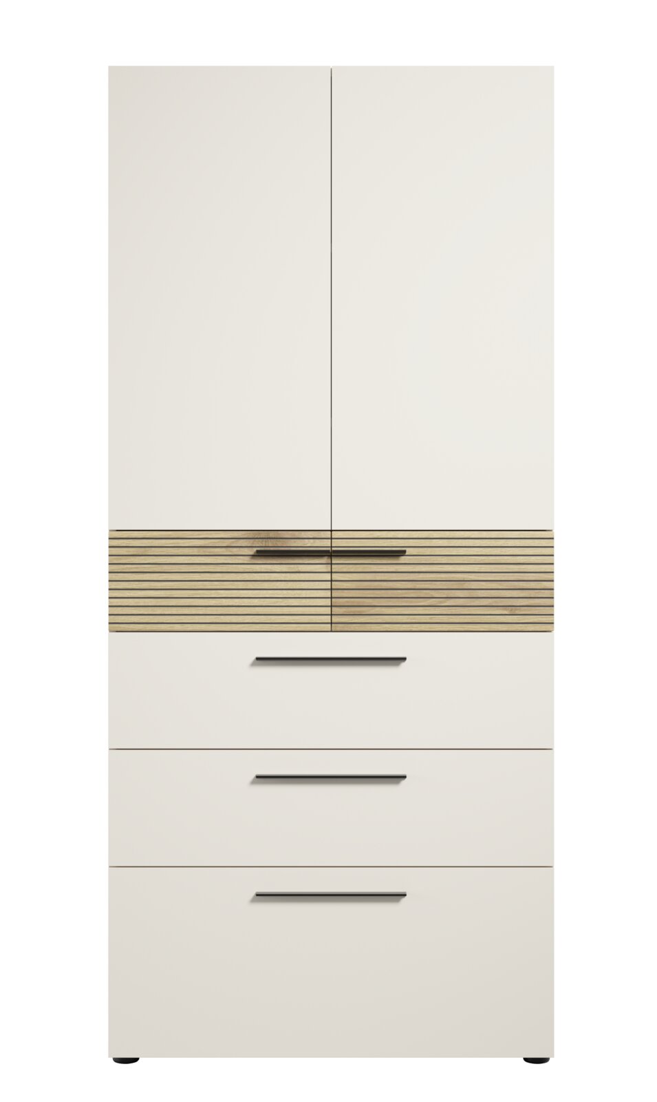 Moderner Aktenschrank mit Schubladen in Frontalansicht, cremefarben mit Holzdetails und schwarzen Griffen.
