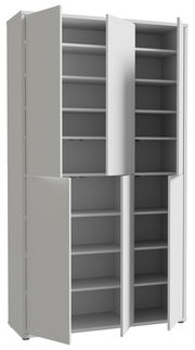 XXL-Schuhschrank mit mehreren offenen Türen, seitliche Perspektive