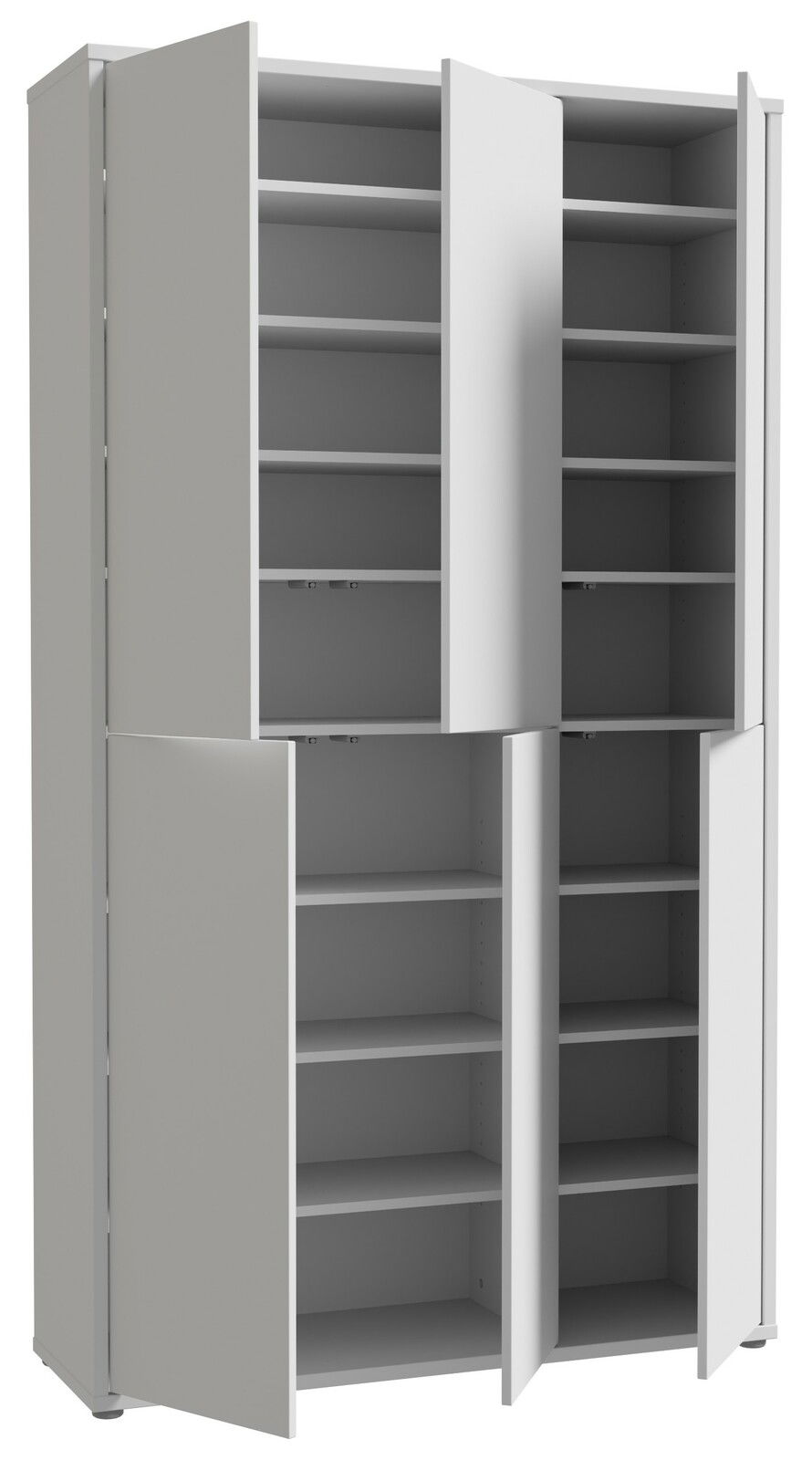 XXL-Schuhschrank mit mehreren offenen Türen, seitliche Perspektive