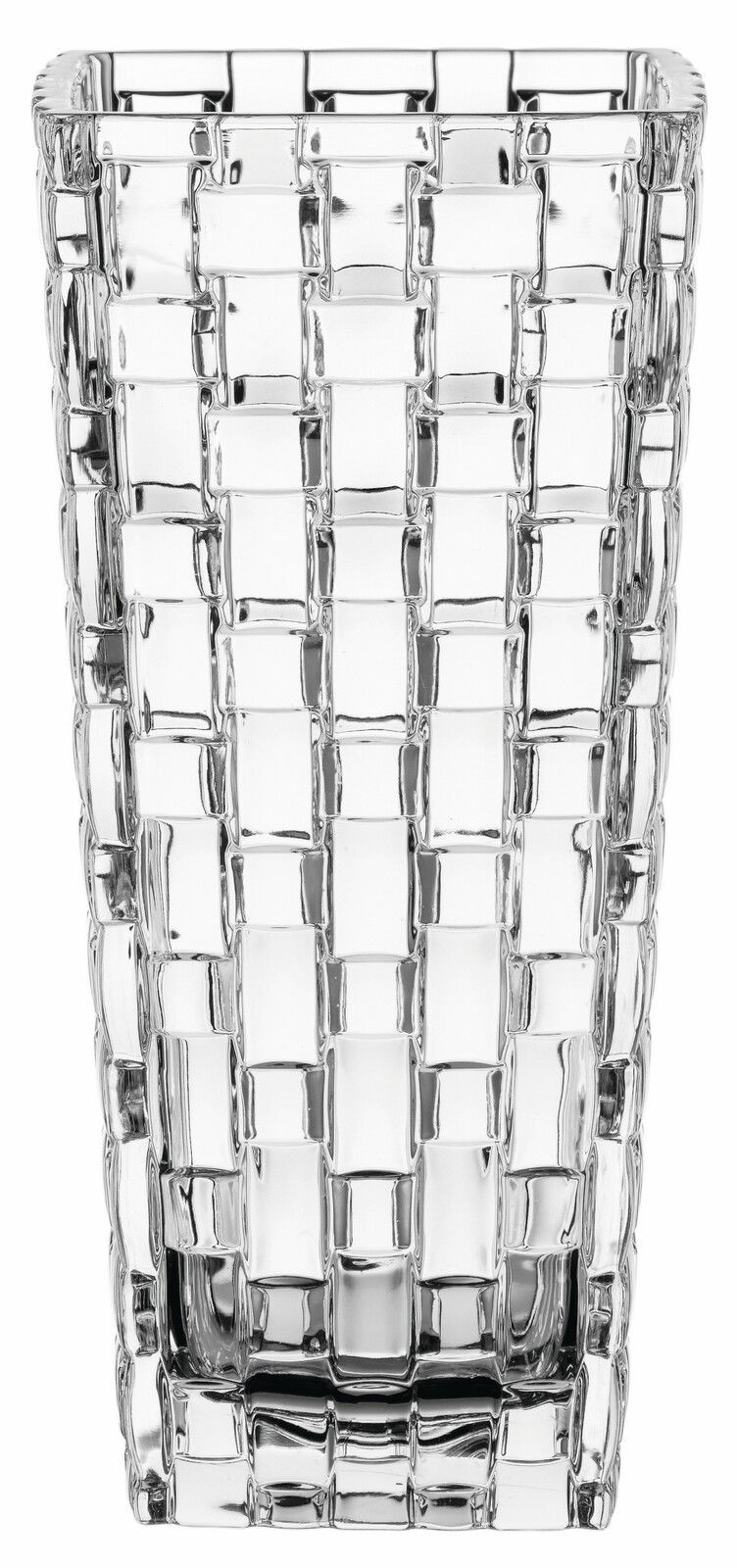 Klare Glasvase mit rechteckigem Muster, frontal fotografiert.