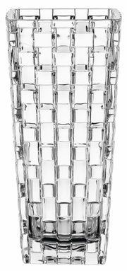 Klare Glasvase mit rechteckigem Muster, frontal fotografiert.