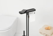Moderne toiletstandaard in zwart met een opbergvak voor een smartphone, gezien vanaf de zijkant.