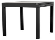 Moderner, schwarzer Gartentisch aus Metall, seitliche Perspektive